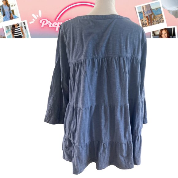 J. Jill Popover Boho Tiered Ruffle Tunic Top L Blue Cotton Tencel 3/4 Sleeve - Picture 6 of 6